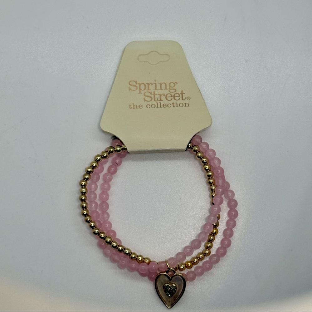 Spring Street The Collection Pink Gold Beaded Heart Charm Stretch Bracelet Set - Picture 3 of 5